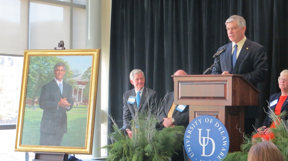  Former UD President Patrick Harker speaks Tuesday at a dedication ceremony.(Avi Wolfman-Arent/WHYY) 