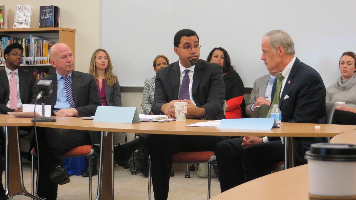  (From left to right) Governor Jack Markell, Acting U.S. Secretary of Education John King, and U.S. Senator Tom Carper talk testing at a Thursday event in downtown Wilmington.(Avi Wolfman-Arendt/WHYY) 