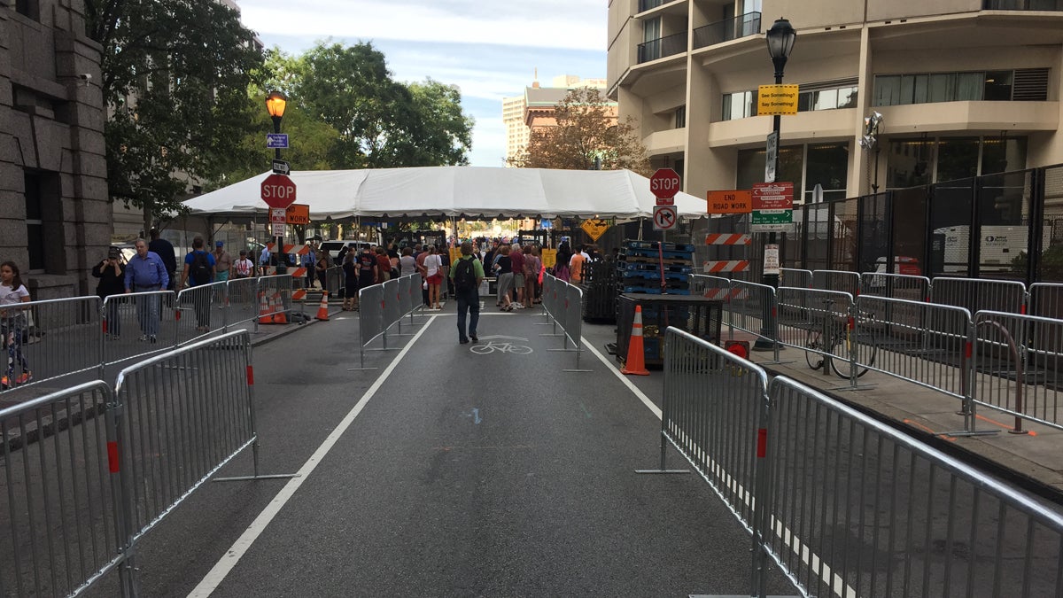  Barricades are in place in Center City. (Bobby Allyn/WHYY)  
