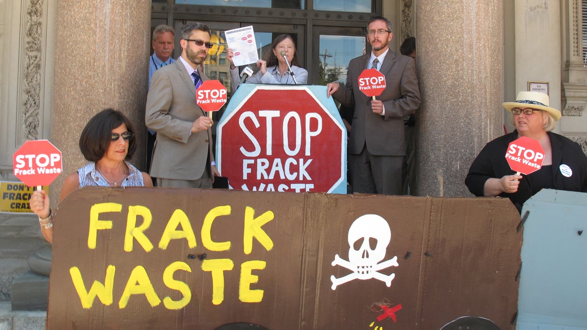In this file photo, environmental groups campaign to convince legislators to ban fracking and not to accept wastewater from fracking operations in New Jersey. (Phil Gregory/WHYY) 