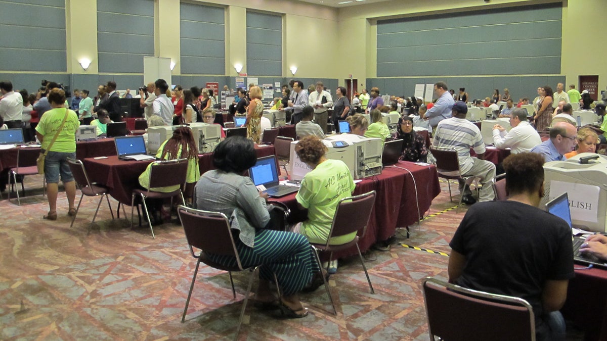  About 500 jobless casino workers visited an unemployment resource center set in Atlantic City. It will remain open until Sept. 10 when a job fair will take place. (Phil Gregory/WHYY) 