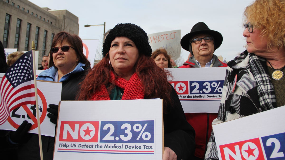  Protesters gathered outside 30th Street Station to oppose the medical device tax. Many work for B. Braun Medical Inc. in Allentown, Pennsylvania. (Emma Lee/WHYY) 