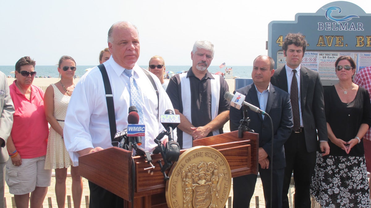  New Jersey Senate President Sweeney, Sandy victims, and housing recovery advocates gather at a news conference on the boardwalk in Belmar. (Phil Gregory/WHYY) (photo by Phil Gregory) 