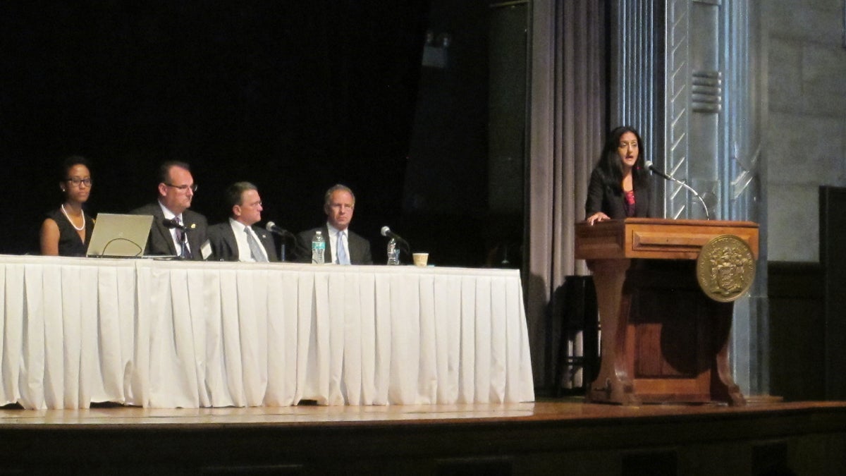  Vinita Gupta, the Justice Department’s top civil rights prosecutor, gives the keynote speech at a police-community relations summit in Trenton Wednesday. (Phil Gregory/WHYY) 