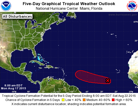  A National Hurricane Center graphic issued this morning indicates the forecast track of a a disturbance (