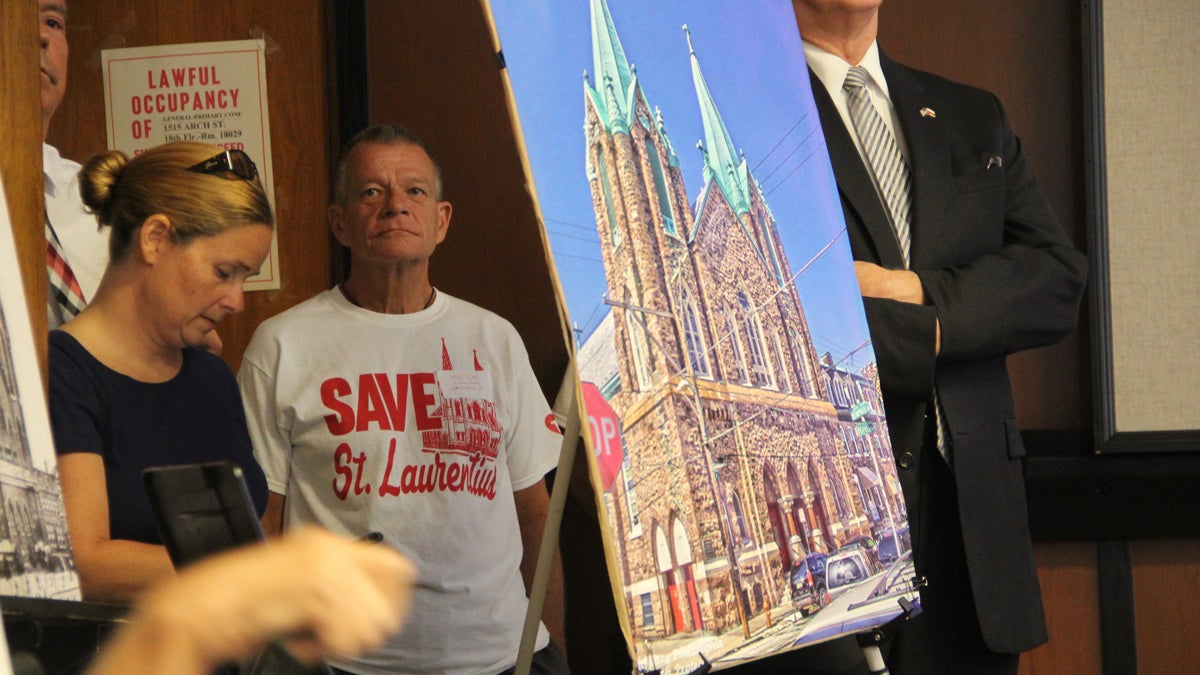  Supporters of St. Laurentius Church crowd the Philadelphia Historical Commission meeting room hoping to save the structure from the wrecking ball. (Emma Lee/WHYY) 