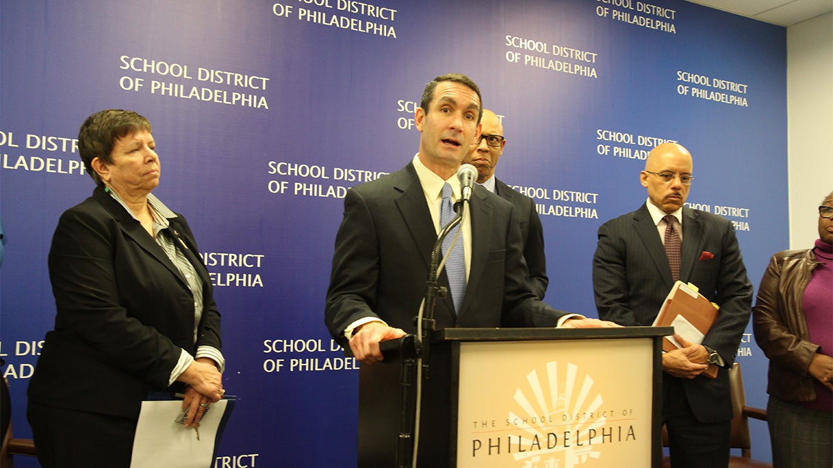 Pennsylvania Auditor General Eugene DePasquale criticizes the state charter law at a news conference at School District of Philadelphia headquarters. (Kevin McCorry / WHYY)