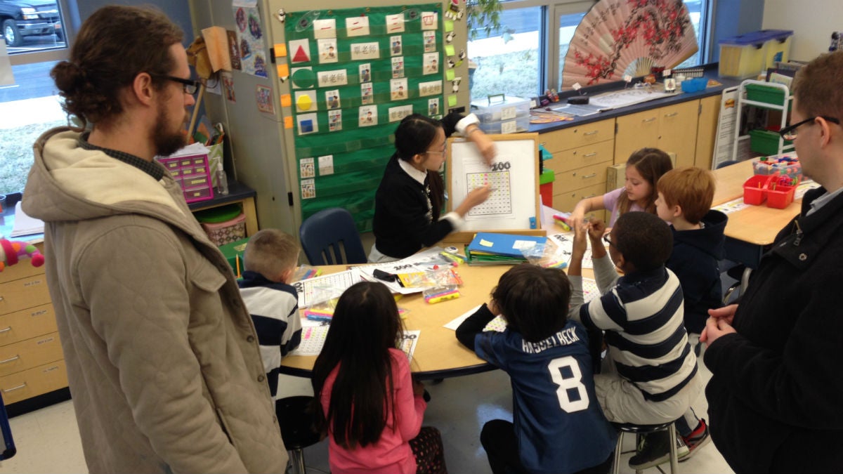  David Schultz (left) and Ben Tuck (right) observe a Chinese immersion class. (Avi Wolfman-Arent/NewsworksWHYY) 
