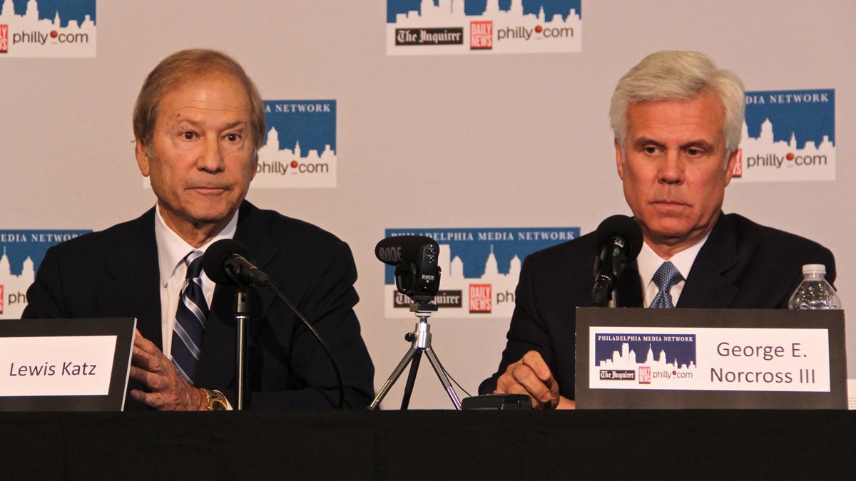 Lewis Katz (left) and George Norcross announce their purchase of the Philadelphia Inquirer and Daily News last year. (Emma Lee/for NewsWorks)