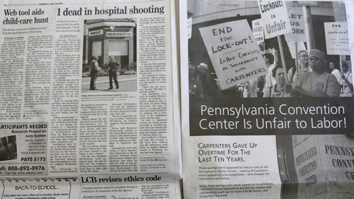  A full-page advertisement in the Philadelphia Inquirer paid for by Carpenters PAC of Philadelphia and Vicinity calls for an end to a 'lockout' at the Pennsylvania Convention Center. 