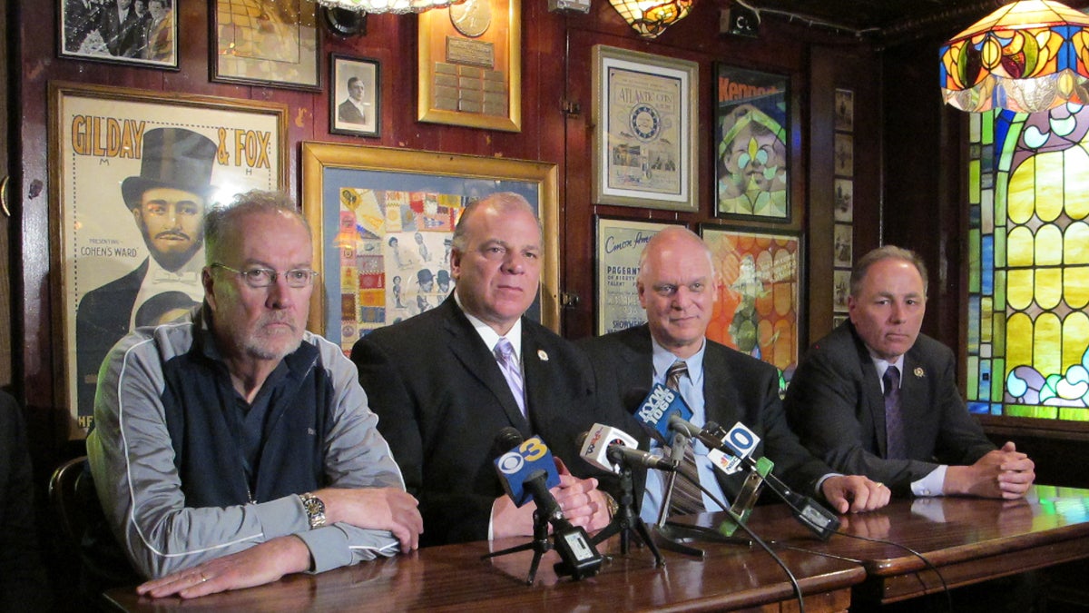  At a news conference at the Irish Pub in Atlantic City, Sen. Jim Whelan, Senate President Steve Sweeney, Atlantic City Mayor Don Guardian, and Assemblyman Vince Mazzeo says legalized sports betting would help the city and state economy. (Phil Gregory/for NewsWorks) 