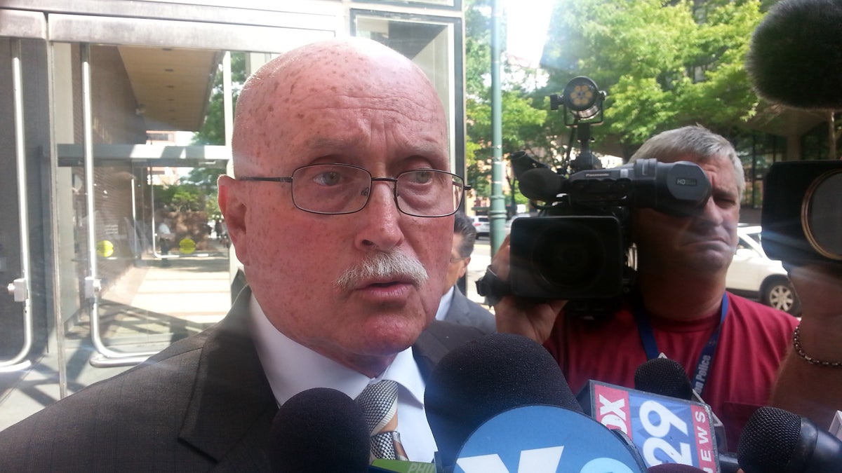  Attorney Jack McMahon is representing Philadelphia police officer Brian Reynolds, who is one of six officers accused of conspiracy, robbery, extortion, kidnapping, and drug dealing during a six-year racketeering scheme. (Tom MacDonald/WHYY) 