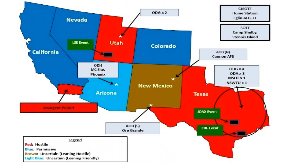  Schematic map from U.S. Army Special Operations Command for Jad Helm 15 military training operation.  Texas is depicted in red indicating it is a 'hostile' state. 