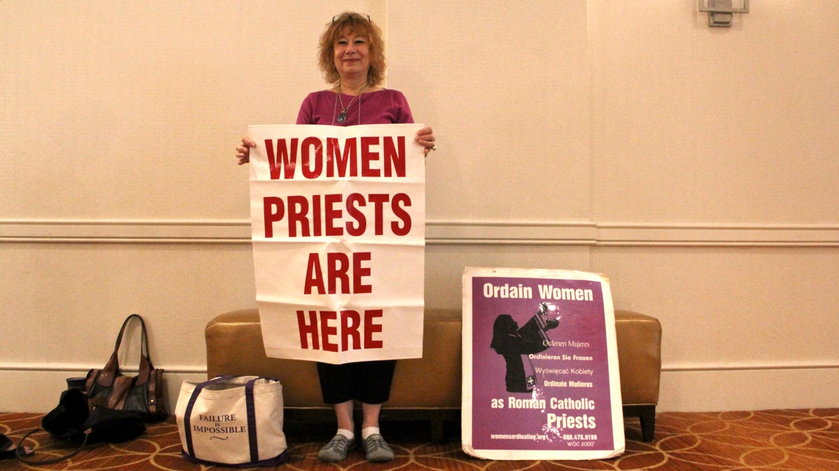  Janice Sevre-Duszynska is attending the Women's Ordination Worldwide conference in Center City this week. She intends to take to the streets of Washington when Pope Francis arrives there next week to push for acceptance of women priests. (Emma Lee/WHYY) 