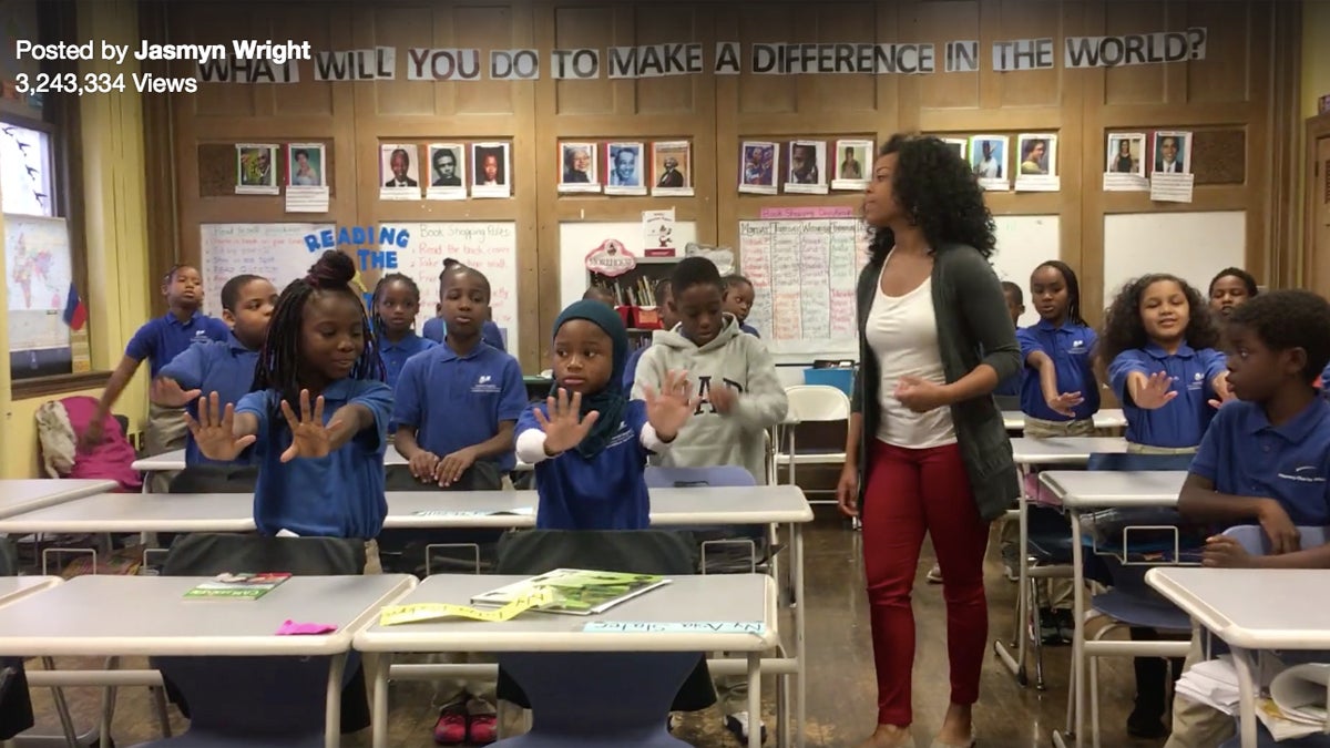 Jasmyn Wright leads her class in a call-and-response video that went viral on Facebook.