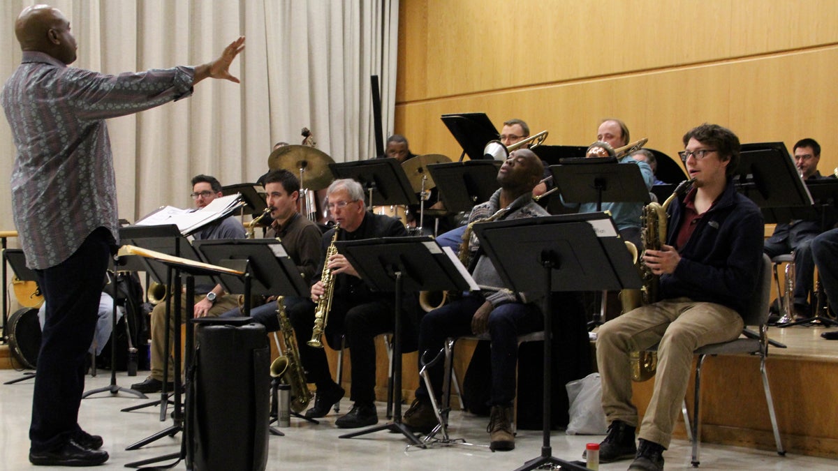  Terell Stafford leads the Jazz Orchestra of Philadelphia as the group practices for its upcoming fundraising performance at the Kimmel Center. (Emma Lee/for NewsWorks) 