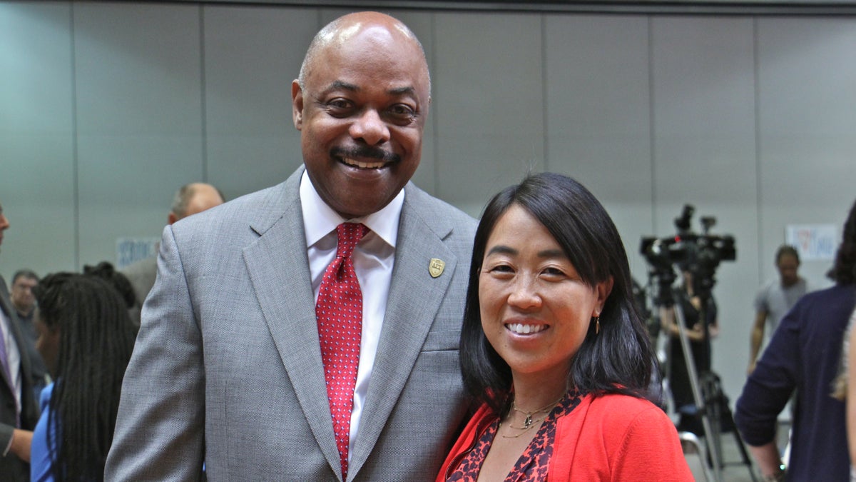 Philadelphia Federation of Teachers Jerry Jordan and City Councilwoman Helen Gym are heralding the return of full-time counselors and school nurses. (Emma Lee/WHYY)