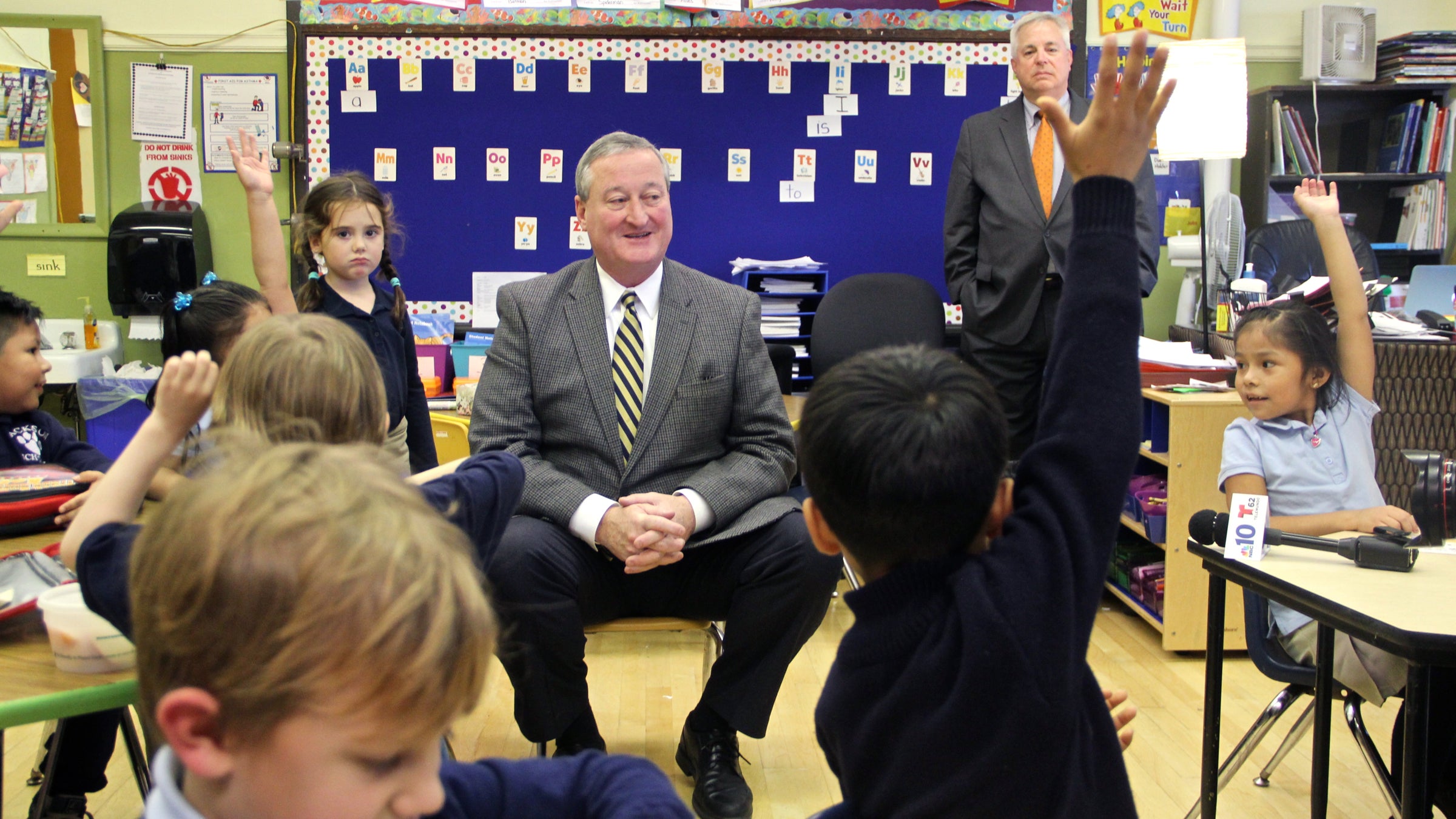 Jim Kenney, pictured during a visit to Andrew Jackson Elementary School in South Philly, will use his inaugural party to raise money for The Fund for the School District of Philadelphia. (Emma Lee/WHYY) 