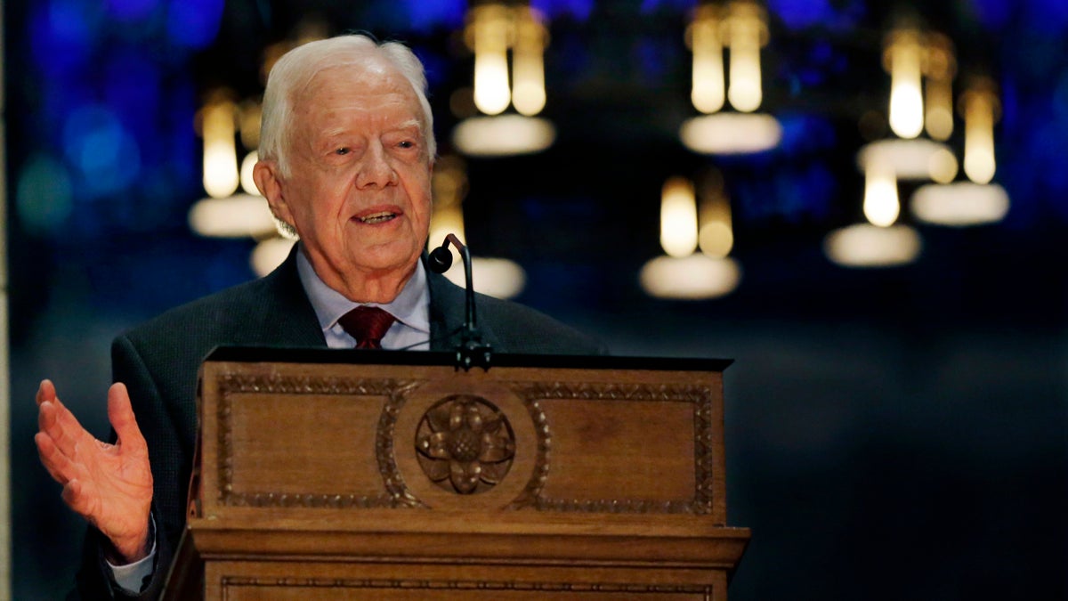  Former President Jimmy Carter, 90, addresses a gathering at the Princeton University Chapel as he talks about his new book, 