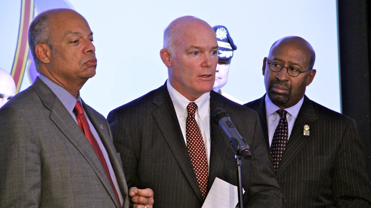  U.S. Homeland Security Secretary Jeh Johnson, Secret Service Director  Joseph Clancy and Philadelphia Mayor Michael Nutter address security measures in place for the papal weekend. (Emma Lee/WHYY) 