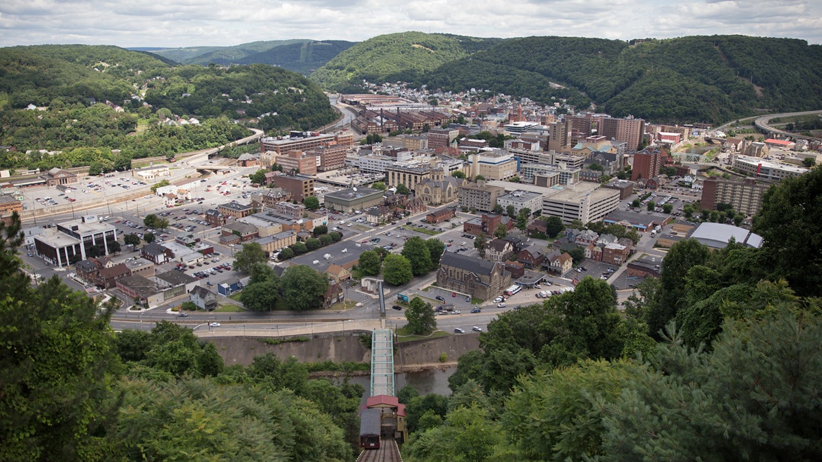  A view of looking at downtown from Johnstown Inclined Plane.  A recent survey by the Tribune-Democrat shows that residents are happy with arts initiatives but want to see more work on fighting crime and blight. (Lindsay Lazarski/WHYY) 