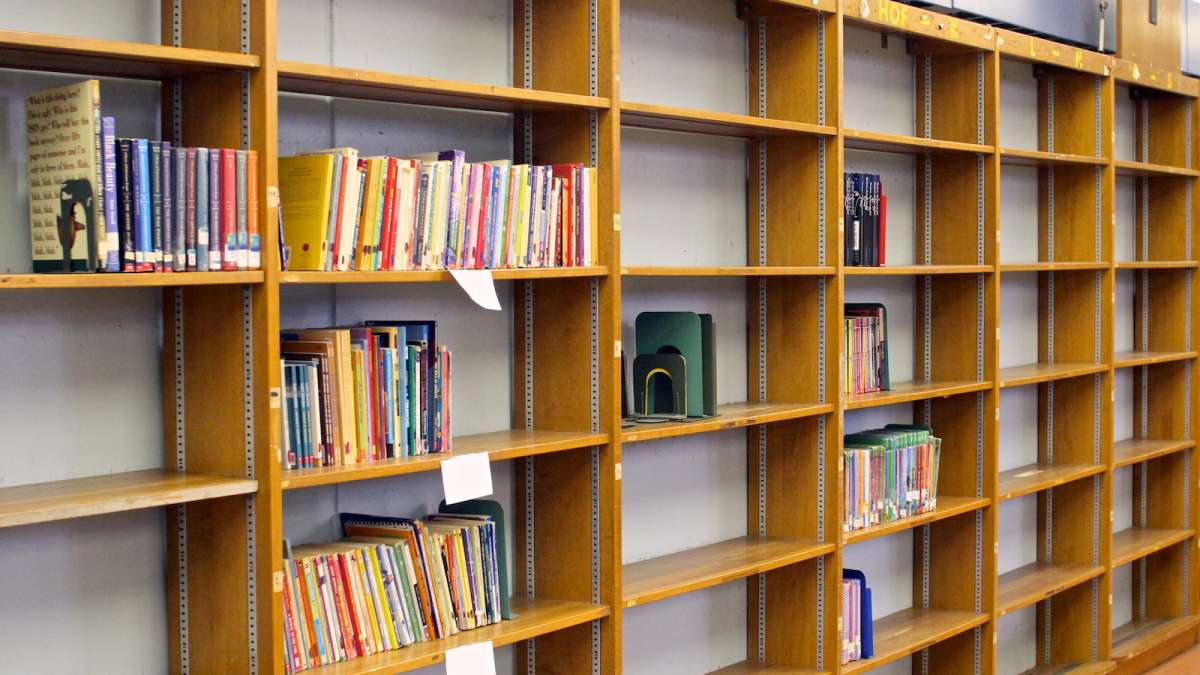  Houston Elementary's library shelves were nearly empty after tattered and obsolete books were purged. (Jana Shea/for NewsWorks) 