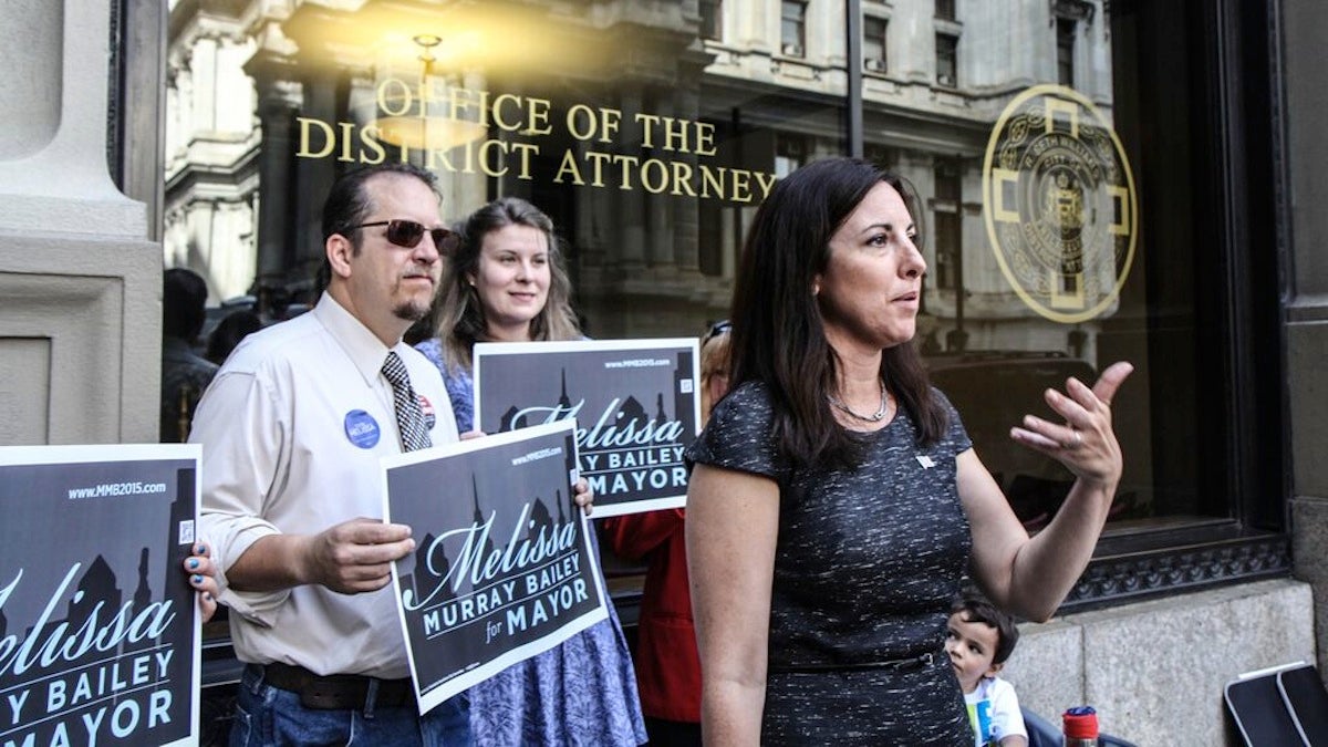  On Wednesday, Republican mayoral candidate Melissa Murray Bailey called on City Council 'to defund the salary' of three people involved in the DA's office email scandal. (Kimberly Paynter/WHYY)  