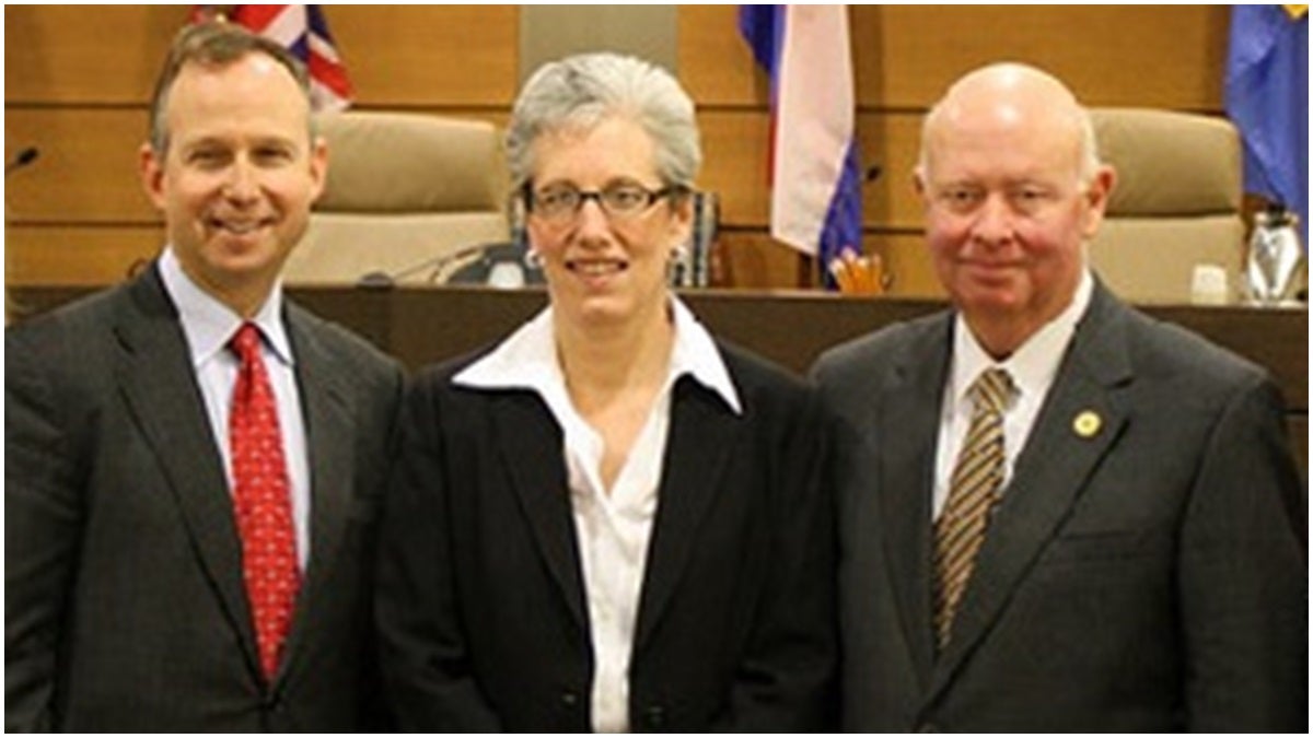  Judge Jurden pictured with Gov. Jack Markell and Judge James T. Vaughn, Jr. in 2010 (Photo courtesy of Delaware State Courts)  