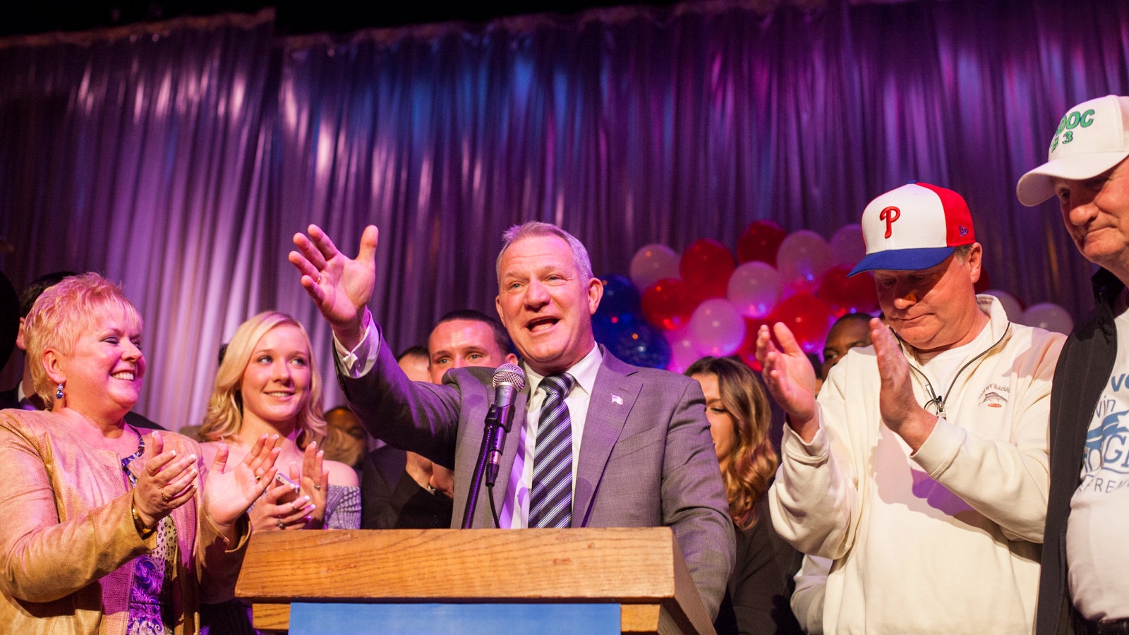  Pennsylvania Supreme Court Judge-elect Kevin Dougherty is surrounded by family at his post-election party at the Stagehands Union Hall in South Philadelphia. (Brad Larrison/for NewsWorks) 