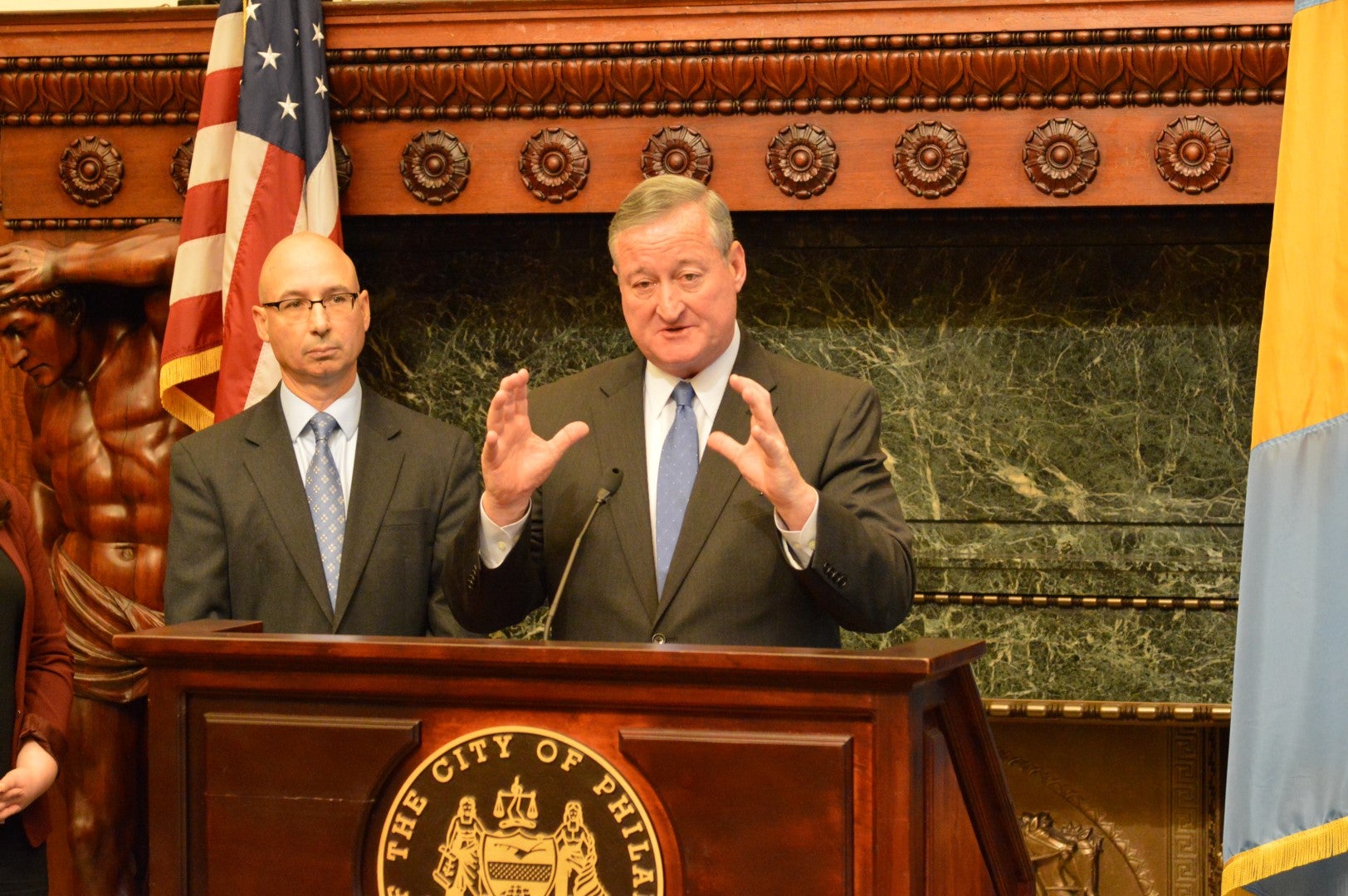 Philadelphia Revenue Commissioner Frank Breslin and Mayor Jim Kenney talk about the framework for collecting the city's new tax on sweetened beverages (Tom MacDonald/WHYY)