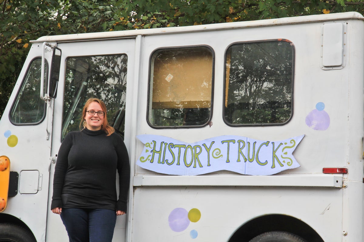  Erin Bernard created the Philadelphia History Truck and aims to collect stories from city residents, perform research, and create a mobile history exhibit. (Kimberly Paynter/WHYY) 