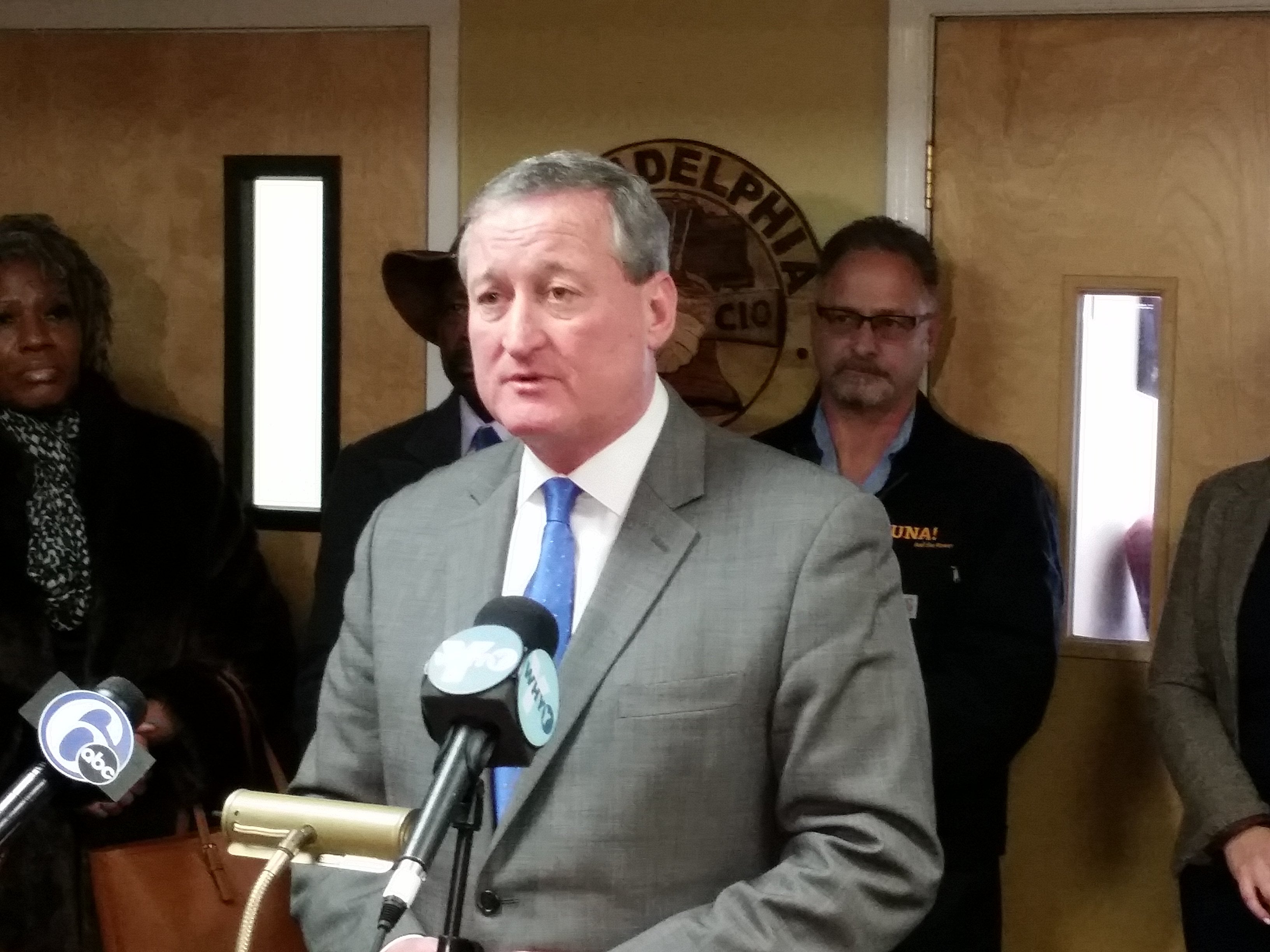  Mayoral candidate Jim Kenney accepts the endorsement of the AFL-CIO Council of Philadelphia in his bid for City Hall. (Tom MacDonald/WHYY) 