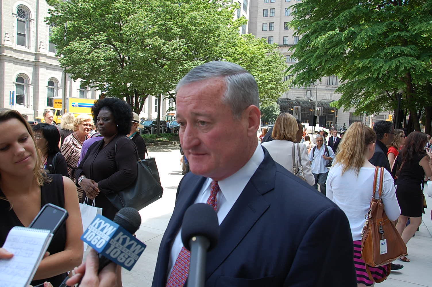 Mayor Jim Kenney talks with reporters outside City Hall. (Tom MacDonald/WHYY)