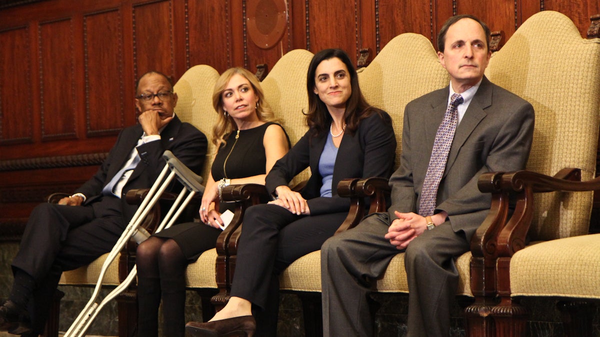  (From left) Harold Epps, Sheila Hess, Rebecca Rhynhart and Rob Dubow are announced to be part of Mayor-elect Jim Kenney’s administration. (Kimberly Paynter/WHYY) 
