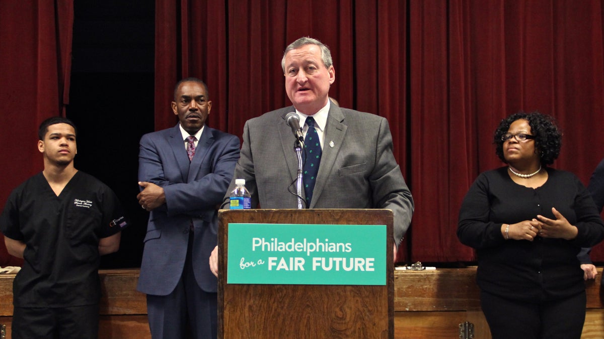 Philadelphia Mayor Jim Kenney speaks at a rally held by Philadelphians for a Fair Future. (Emma Lee/WHYY)