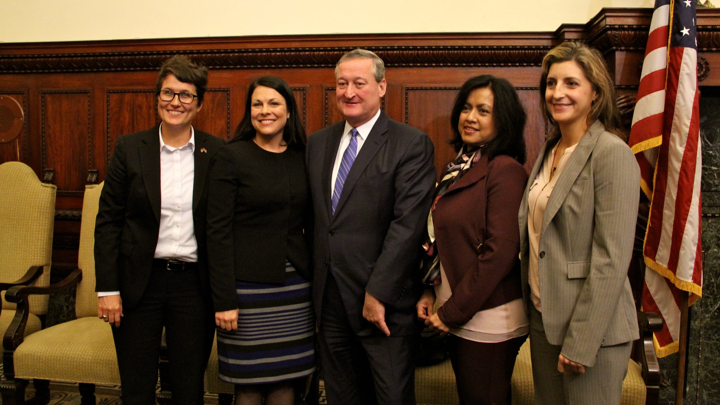  Mayor-elect Jim Kenney makes four more appointments to his administration, (from left) Nellie Fitzpatrick, Stephanie Monahon, Nina Ahmad and Anne Gemmell. (Emma Lee/WHYY) 