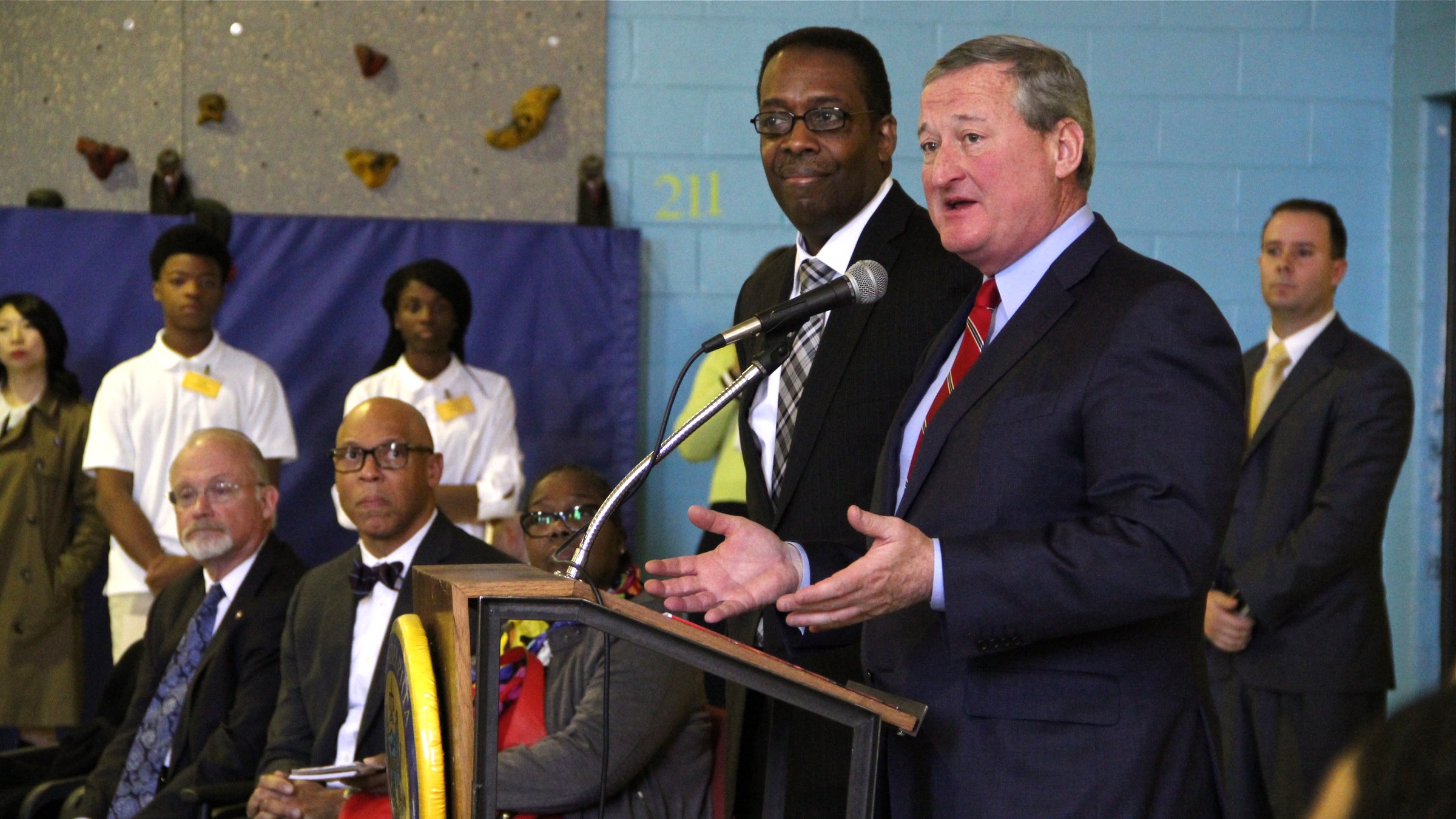  Council President Darrell Clarke and Mayor-elect Jim Kenney convene at Duckrey Tanner School to share what they learned during a fact-finding trip to Cincinnati. (Emma Lee/WHYY) 