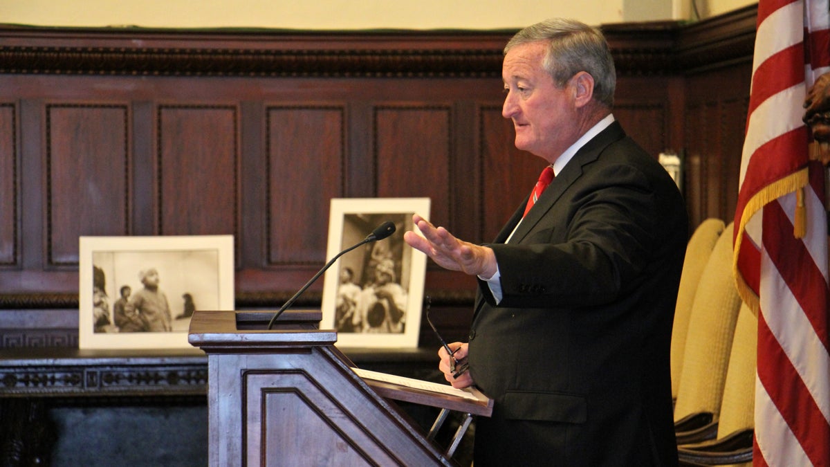 Mayor Jim Kenney speaks to a gathering of the Philadelphia Regional Refugee Providers’ Collaborative at City Hall. (Emma Lee/WHYY)