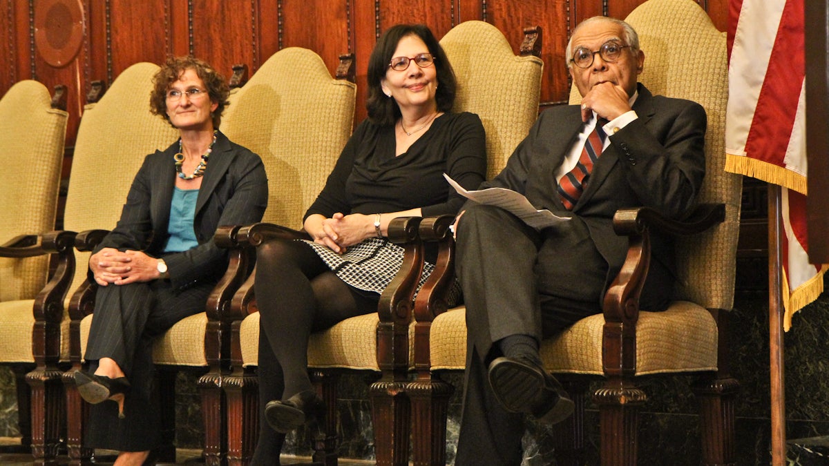 Philadelphia mayor-elect Jim Kenney announced new administration staff members Amy Kurland, Inspector General, (left) Ellen Mattleman Kaplan as Chief Integrity Officer, (center) and Nolan Atkinson, Jr. as Chief Diversity and Inclusion Officer (right). (Kimberly Paynter/WHYY)