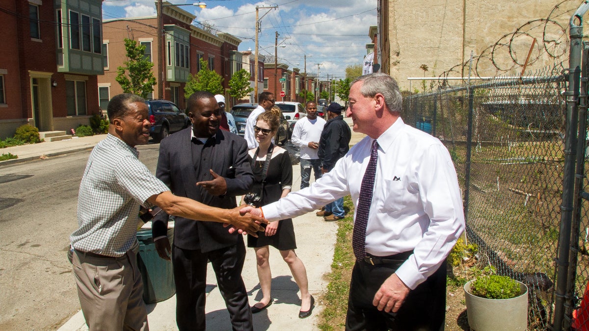 Mayoral Candidate JIm Kenney meets potential voters in Strawberry Mansion Saturday. (Brad Larrison/for NewsWorks)