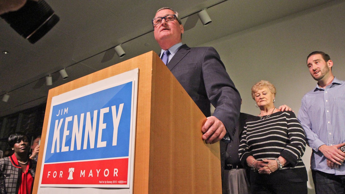 Philadelphia Mayor elect Jim Kenney gives his acceptance speech at his campaign party Tuesday night. (Kimberly Paynter/WHYY)