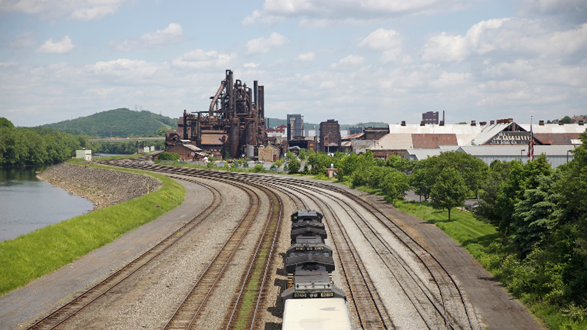 A train approaches the blast furnaces of the former Bethlehem Steel Corporation plant in Bethlehem