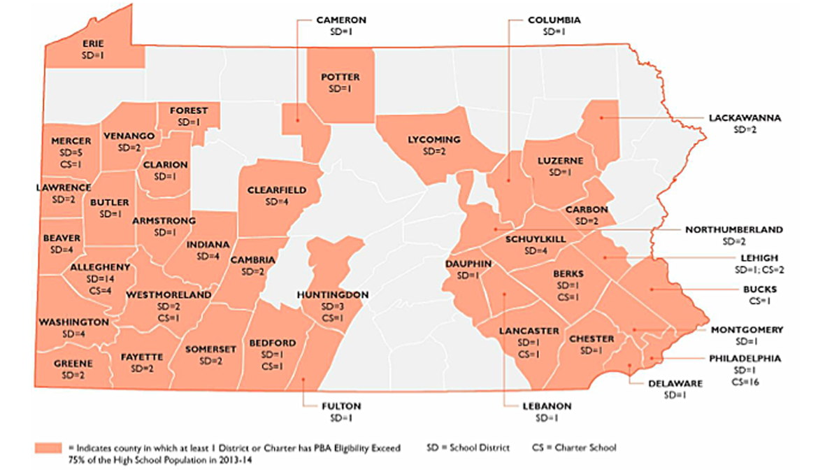  This map shows counties that have at least one school district or charter where the number of retests scoring below proficient represents more than 75 percent of the high school enrollment in those districts and charters. (Map via Research for Action). 