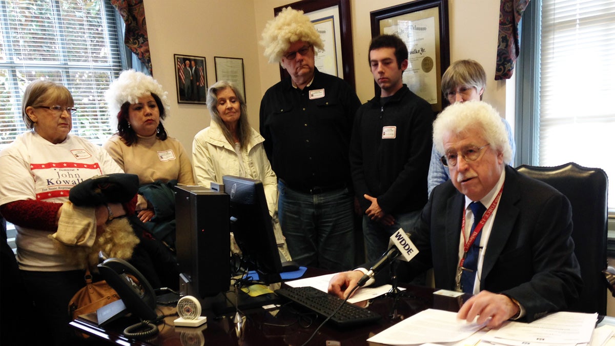  It's not a fashion statement. Supporters of Rep. John Kowalko wore wigs to express their opposition to his removal from the House Education Committee. (Shana O'Malley/ for NewsWorks) 