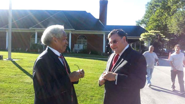  Former Mayor John Street (left) and former Councilman Dan McElhatton speak outside the funeral home. (Tom MacDonald/WHYY) 