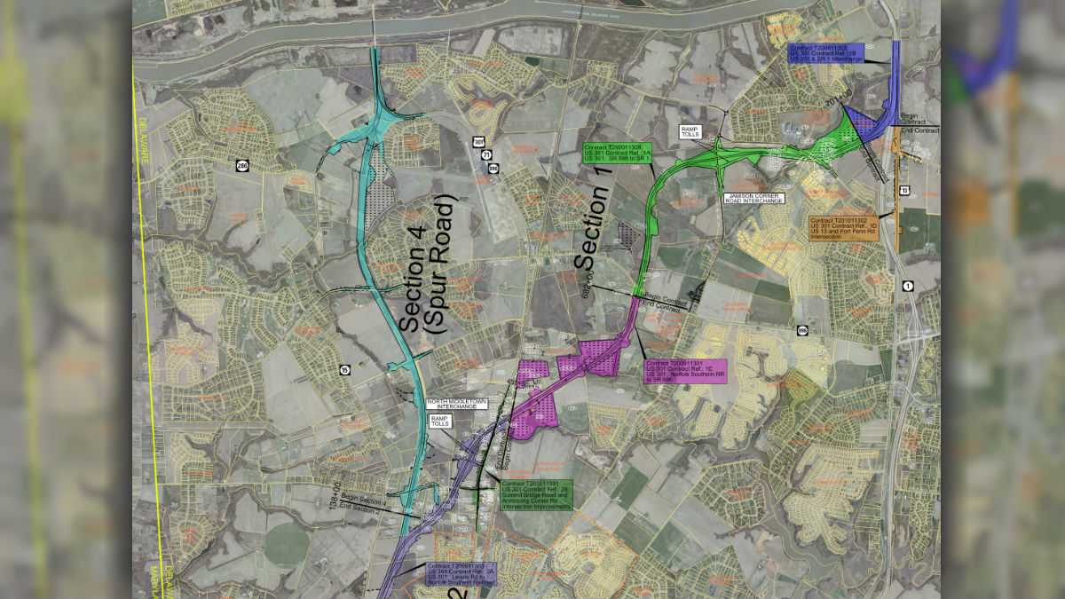  This construction map shows the northern portion of the new 301 (pink, green and blue) connecting to Rt. 1. (DelDOT photo) 