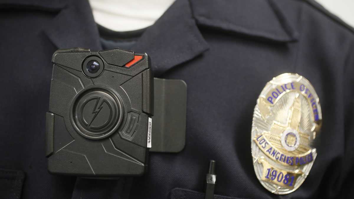 A Los Angeles police officer wears an on-body camera during a demonstration.(AP file photo)