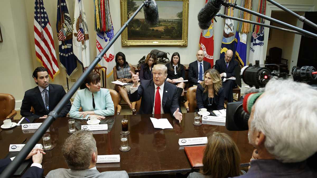 President Donald Trump speaks during a meeting with business leaders in the Roosevelt Room of the White House in Washington Monday