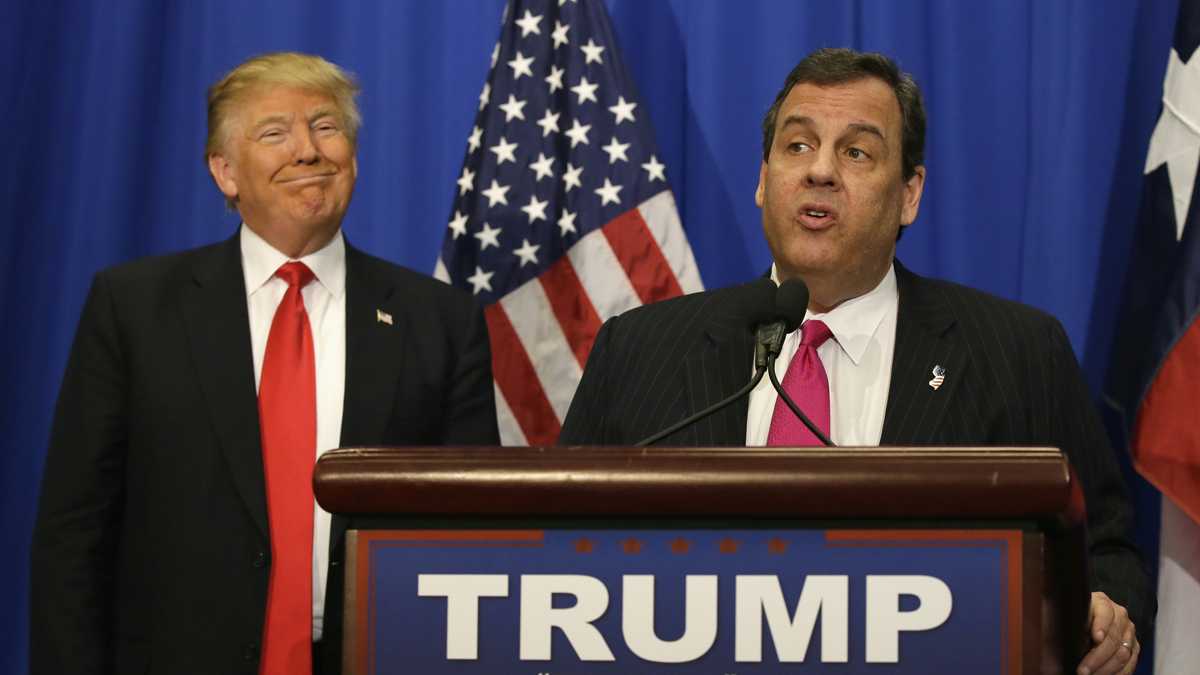 Republican presidential candidate Donald Trump beams as he stands with New Jersey Gov. Chris Christie as the governor endorsed the billionaire in his bid to be president. (AP Photo/LM Otero)