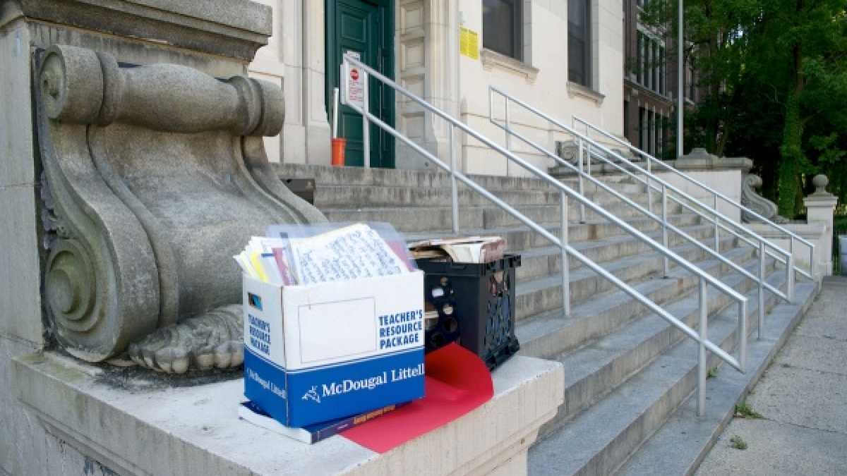   A stack of boxes outside Germantown High on the last day of school. (Bas Slabbers/for NewsWorks, file)  